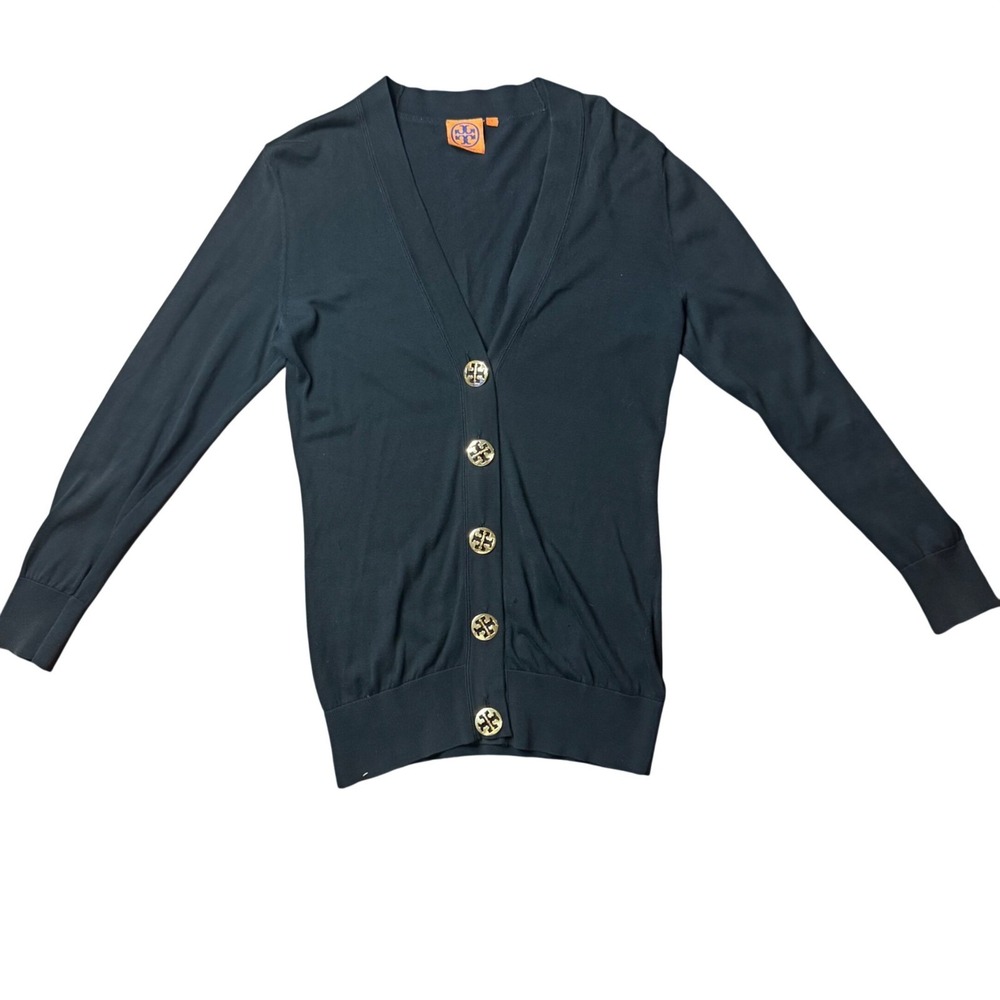 Tory Burch Simone Black V-Neck Cardigan Gold Logo Buttons‎ Size S